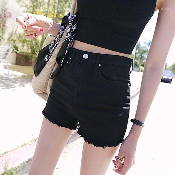 

2020 ladies new denim shorts black white blue high waist bodycon women summer elastic freyed edge shorts female large size1, White;black