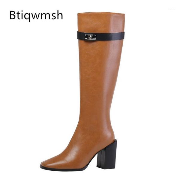 

2020 silver lock knee boots women square toe brown black leather high heel botas femme fashion knight boots1
