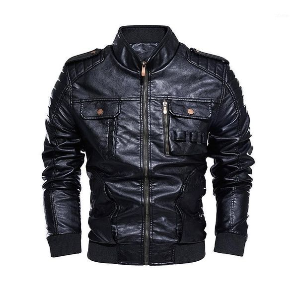 

men's fur & faux vintage motorcycle leather jacket men fleece stand collar windbreaker racing car chaqueta hombre1, Black