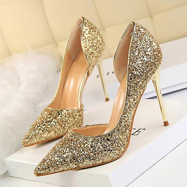 

2020 women pumps woman party bling ladies fashion pointed toe high thin heels shoes slip-on women's footwear, Black