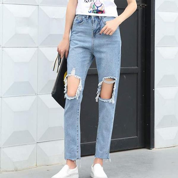 

ripped hole denim jeans women high waist summer denim pants korean ankle-length pencil pants plus size vintage streetwear x0731, Blue