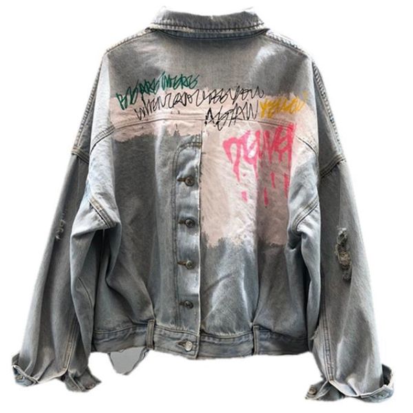 

women's jackets short vintage graffiti letter washed jeans coat women fashion bat sleeve hole denim jacket loose, Black;brown