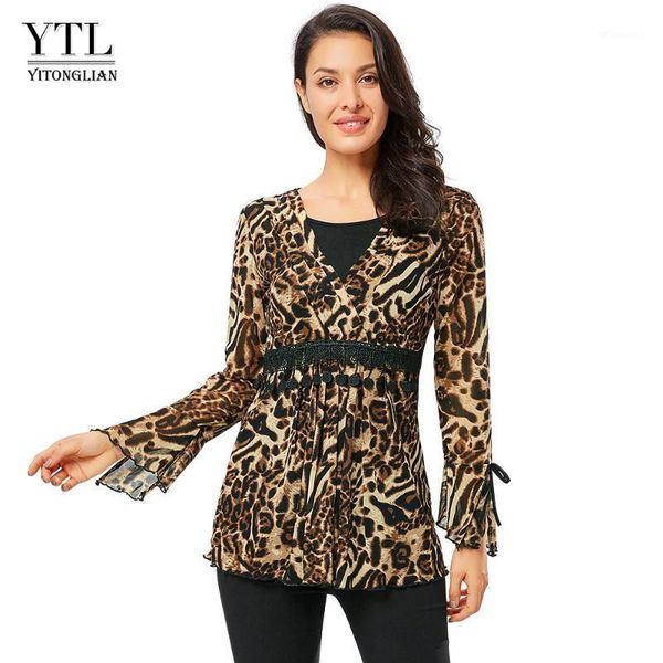 

yitonglian 2020 new women leopard print elegant crochet feminine blouses v neck pleated wrap plus size blouse tunic h3441, White