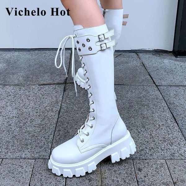 

vichelo genuine leather round toe thick bottom motorcycle boots high street fashion young lady nightclub knee-high boots l38, Black