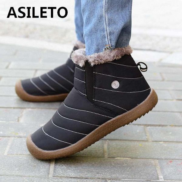 

asileto противоскользящих зимы лодыжки ботинок женщин низких каблуки теплых плюшевых снегоступы водонепроницаемый мех молнии случайной обувь, Black