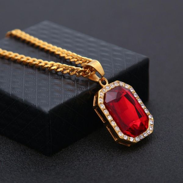 

square red gem pendant gold color hip hop iced out rhinestone stainless steel charming necklace jewelry with 5mm 70cm cuban chain, Silver