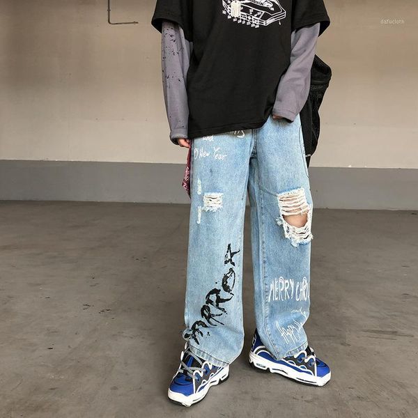 

high street hip hop doodle jeans for men ripped instagram trend fun doodle print loose-fitting straight leg pants1, Blue