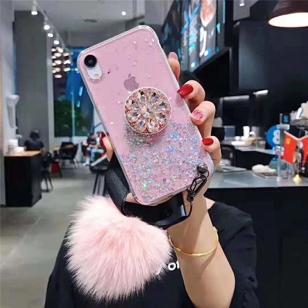 

diy 3d diamond holder stand glitter fur ball soft phone case iphone 11 max 6 7 8 plus x xr for samsung note 10 pro s8 s9