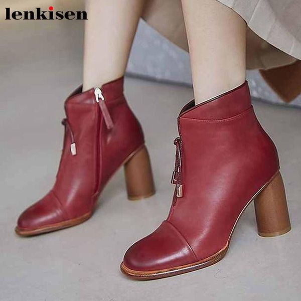 

lenkisen big size genuine leather round toe fashion fringe round high heels side zipper winter keep warm women ankle boots l11, Black