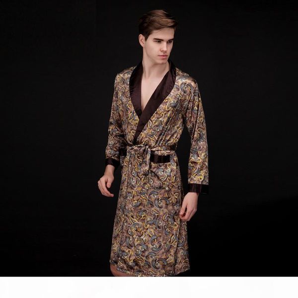 

coffee and navy blue men silk robes 2016 male senior satin sleepwear summer long paisley pattern robe set long sleeves nightgown, Black;brown