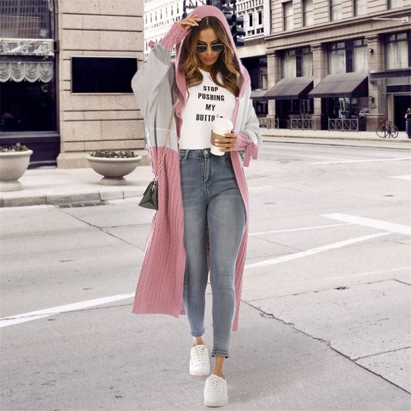 

women sweater hooded long cardigan patchwork winter warm female long sleeve candy color knitted open stitch coat outwears y200910, White;black