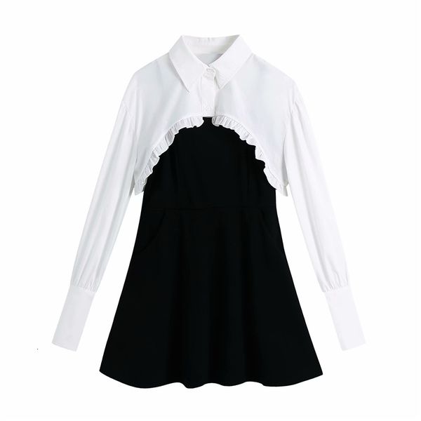 

new elegant women turn down collar 2021 fashion ladies ruffles contrast color sweet female chic a-line strap mini czip, Black;gray