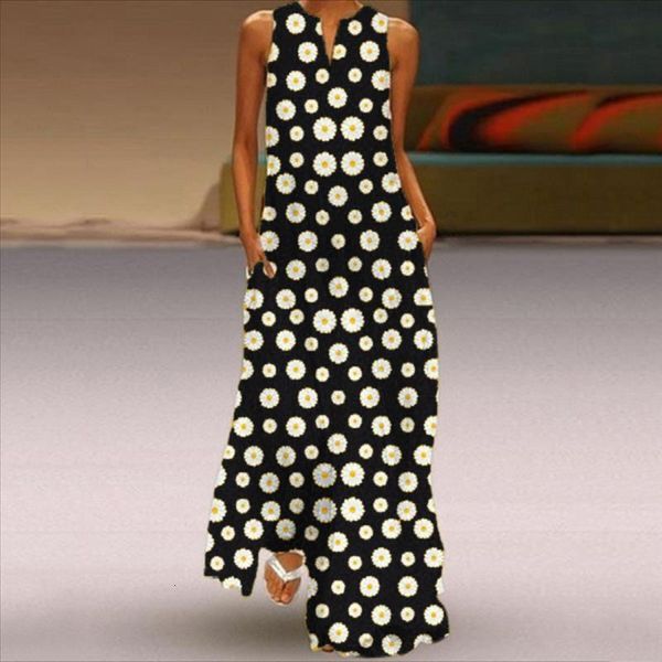 

v neck daisy print dress women sleeveless bohemian maxi long dresses casual loose beach party vestidos femme robe, Black;gray
