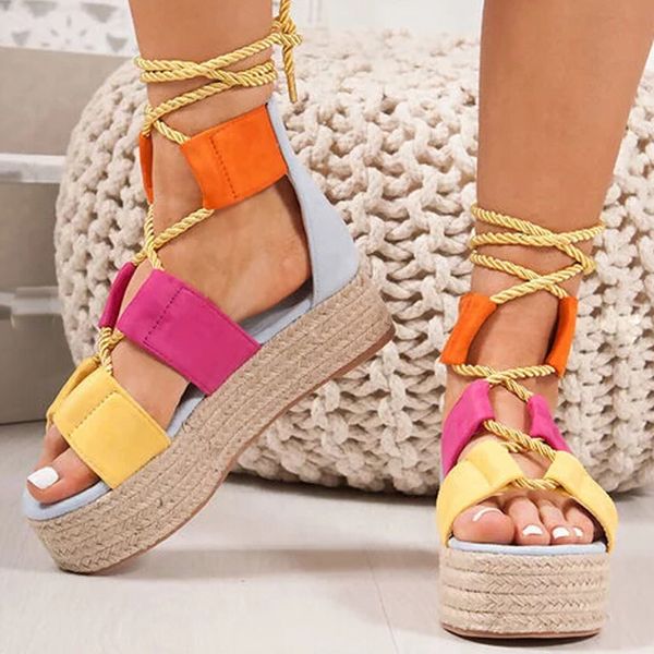 

summer women flat sandals rope female beach shoes wedge shoes high heel comfortable platform sandals sandalia feminina y200702, Black