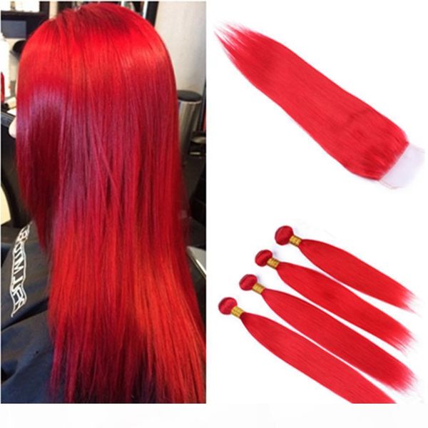 

colored red peruvian virgin human hair weft weaves with closure straight pure red 4pcs bundles deals with 4x4 front lace closure 5pcs lot, Black;brown