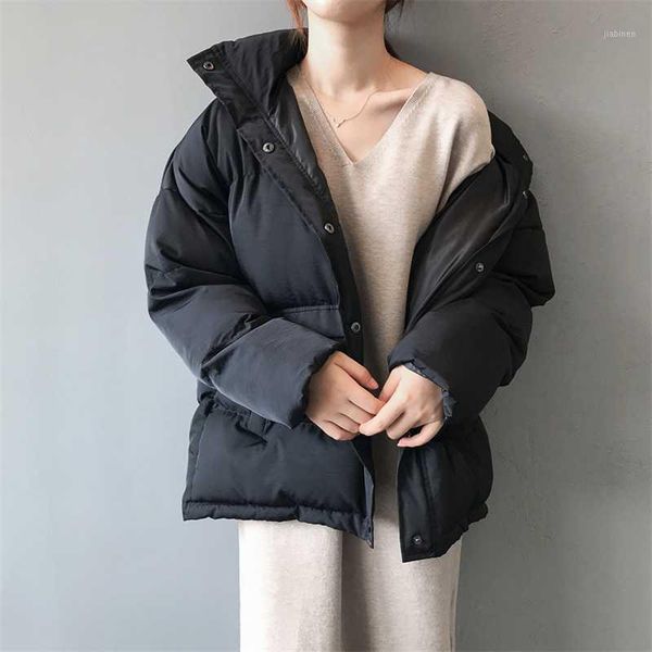 

fashion solid women winter down jacket stand collar short single-breasted cotton coat loose parka ladies warm bread service g4181, Black