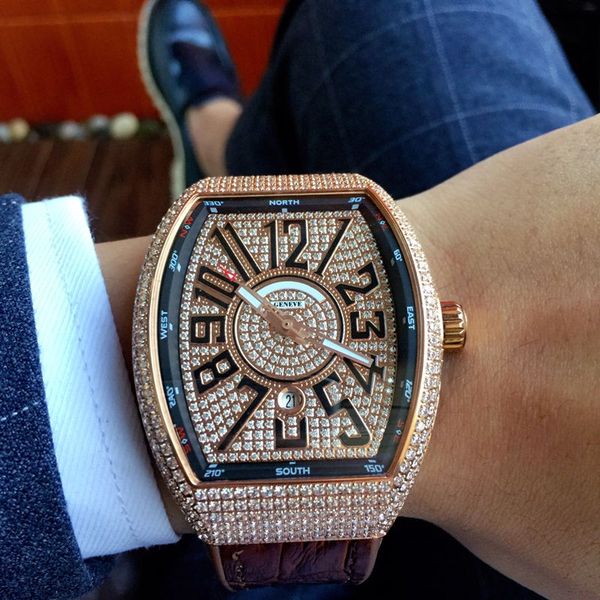 

high endwatch v45 sc dt fully automatic mechanical movement blue coated glass mirror full diamond face auto date convenient pin buckle strap, Slivery;brown
