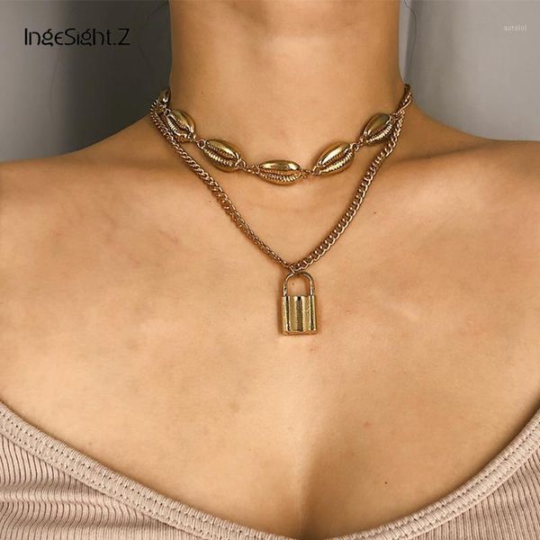 

ingesight.z boho multi layered alloy shell choker necklace collar clavicle chain statement lock pendant necklace women jewelry1, Silver