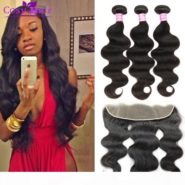 

indian virgin hair body wave lace frontal 13x4 ear to ear human virgin hair extensions weave bundles natural clolor, Black;brown