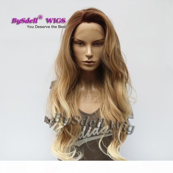 

synthetic long dark root ombre honey blonde mix bronde color hair wig heat resistant loose curly wave hair front lace wigs part, Black