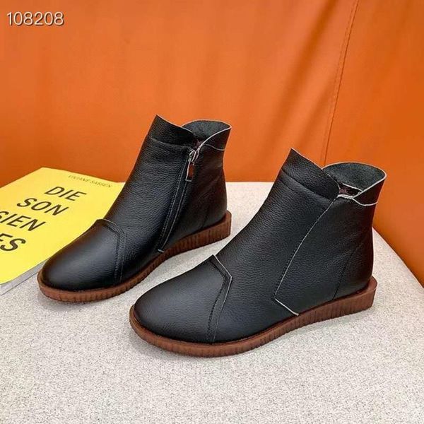 

womens ankle boots round toe real bullhide cow leather flats warm winter mother oxfords shoes black new 2020