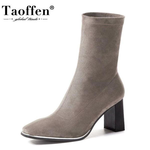 

taoffen new fashion ankle boots thick high heel square toe flock slip on shoes outdoor solid color ladies footwear size 34-39, Black