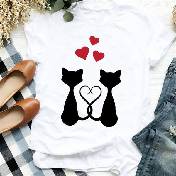 

women lady cartoon love sweet cat clothing pet 90s cute print tshirt shirt clothes graphic female t tee womens t shirt, White
