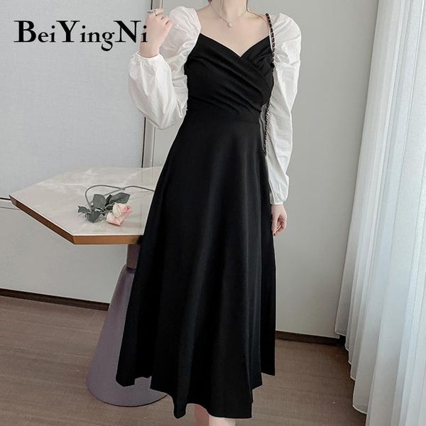 

beiyingni осенние элегантные женщины платье длинные макси устаревшие с длинным рукавом линия старинные v-образные вырезыванные партии клуб п, Black;gray