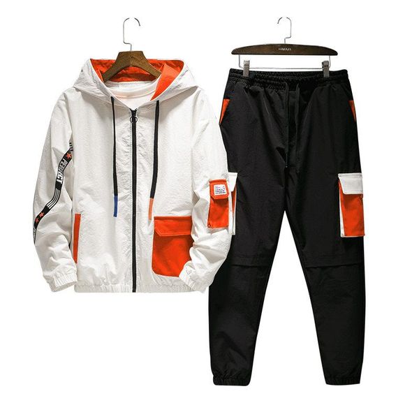 

tracksuits set men workwear hooded jacket+pants sporting suits multi-pocket hip hop patchwork 2pc set for men sweatsuit clothing, Gray