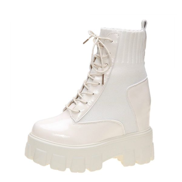 

boots 2021 ankle boot women autumn thick bottom motorcycle high platform chunky sneakers winter leather mid-calf, Black