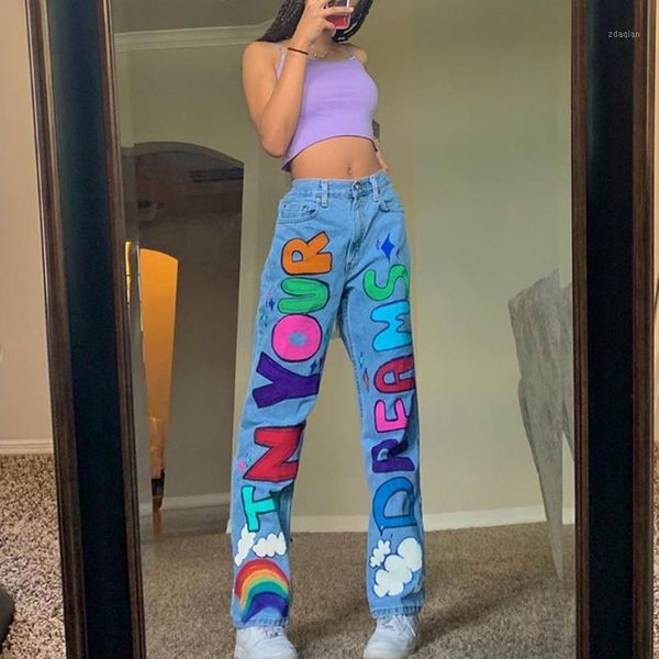 

graphics letter printed baggy women jeans pants high waist wide leg punk y2k cute demin fashion streetwear e-girl casual jeans1, Blue