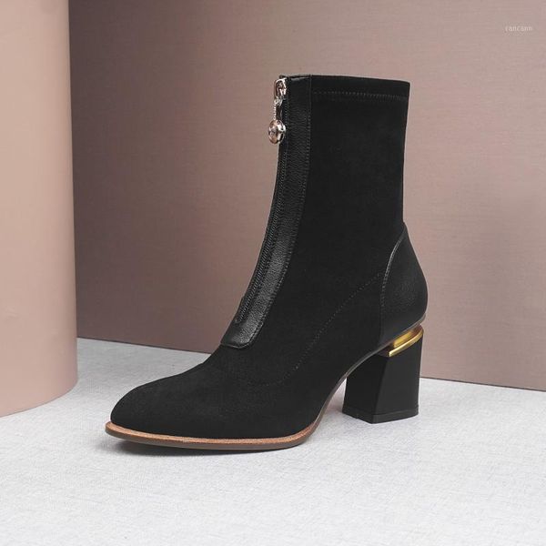

high heels shoes women's ankle boots soft flock stretch boots metal decorations round toe winter ankle mujer1, Black