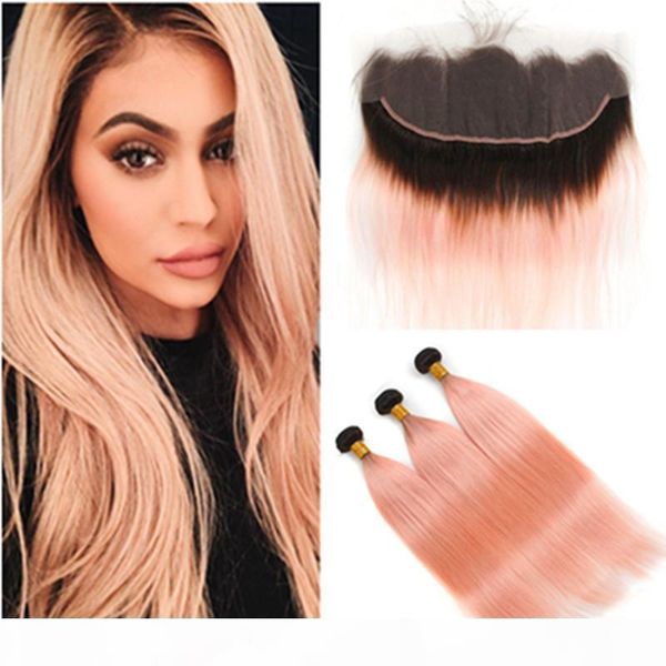 

#1b rose gold ombre brazilian human hair 3 bundles with frontal straight ombre pink weaves with frontal ombre lace frontal 13x4 with bundles, Black;brown