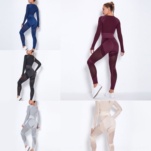 

5kr6t 2020 seamless knitted quick-drying set sports suit knitted two-piece yoga seamless striped hollow fitness two-piece clothing uhqyu
