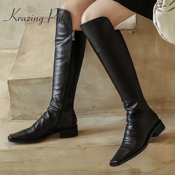 

krazing pot genuine leather square toe med heel pleated winter shoes korean street pretty girls daily wear knee-high boots l921, Black