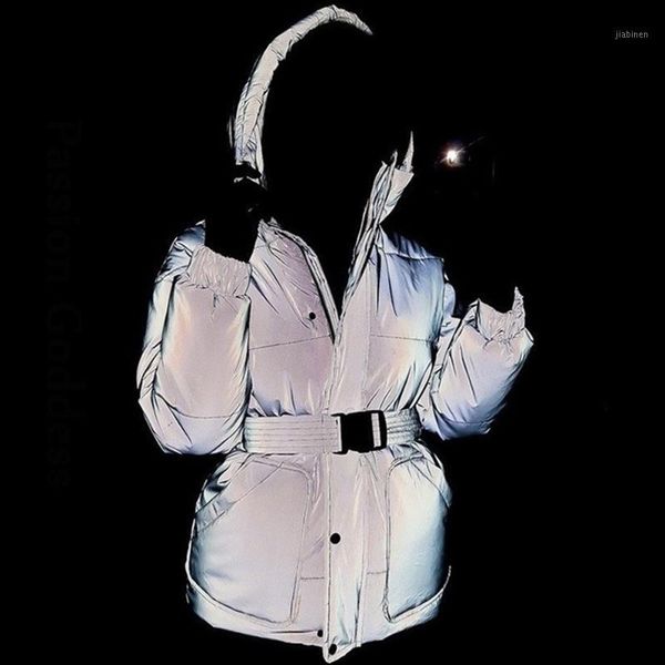 

winter women reflective parkas down hooded long bubble coat buckle waist belt warm puffer jacket big pocket down jackets outwear1, Black