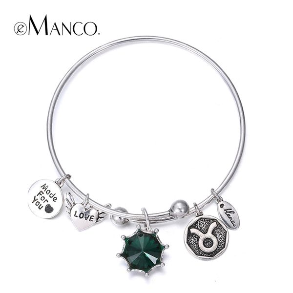

emanco birthstone twelve constellations fine bangles for lovers' vintage round love heart letters bangle gift pulseras mujer y200323, Golden;silver