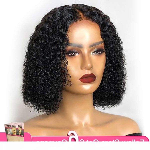 

aircabin 13x4 front bob kinky curly wave brazilian remy human hair natural color deep part hd t lace wigs for women, Black;brown