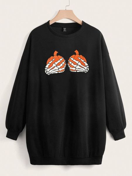 

plus pumpkin & skeleton hand print sweatshirt i1u0#, Black