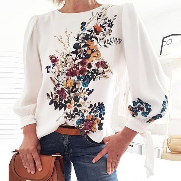 

women floral print blouse shirts ladies long sleeve loose pullover blouse chic casual autumn fashion shirt chemisier femme, White