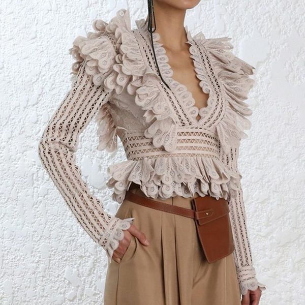 

2020 new runway self portrait women lace hollow out layers ruffles shirt blusas vintage ladies blouse flare sleeve 1, White