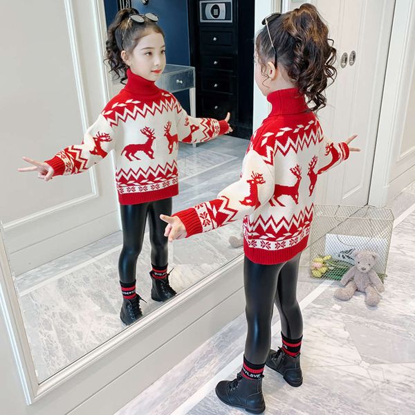 

year's sweater girls' korean version 2020 double deer high collar middle and large children's plush thickened happy new, Blue
