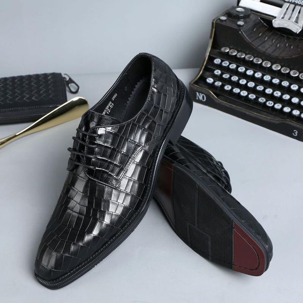 

men's leather shoes lace-up embossed leather shoes business dress men's wedding1, Black