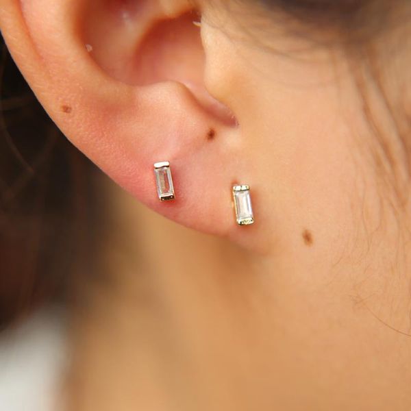 

stud mini small 2*4mm baguette square cz simple women multiple piercing minimal gold color cute earring, Golden;silver