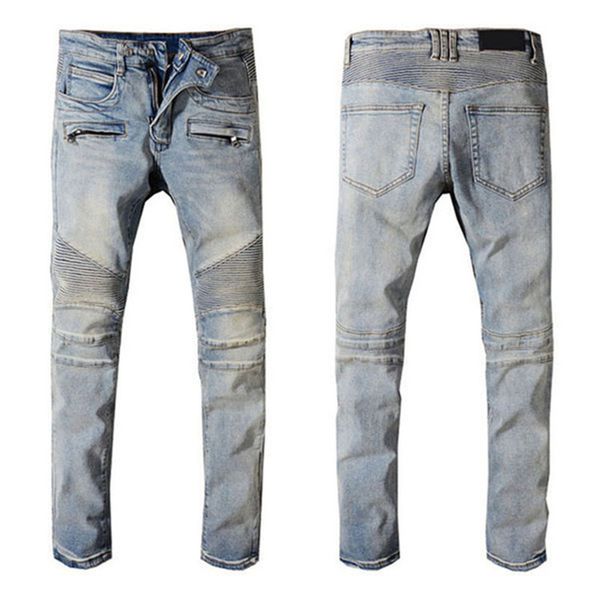 

2021 mens distressed ripped biker jeans slim fit motorcycle biker denim for men fashion hip hop mens jeans zipper ripped men jeans, Blue