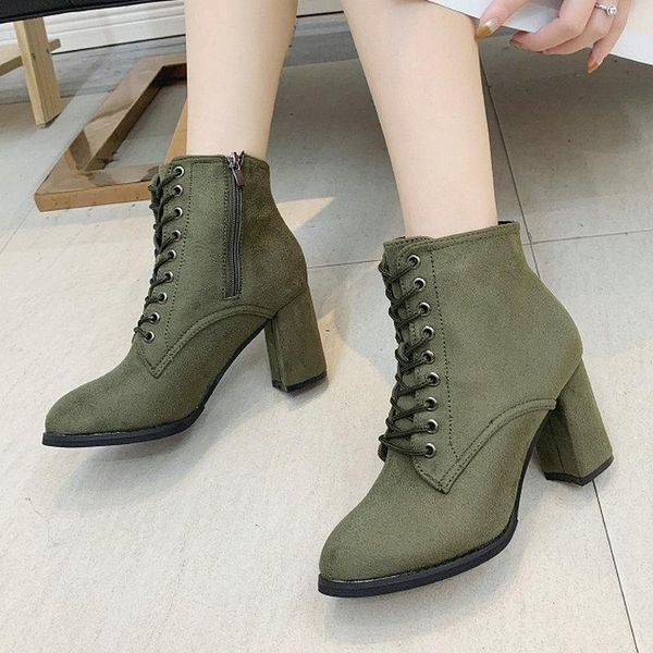

plus size 35-53 nice new women ankle green boots autumn fashion lace up shoes woman high heels female vogue rivet footwear, Black