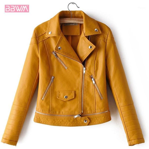 

yellow pu lapel long sleeve zipper locomotive women's jacket korean version slim fit 2019 autumn windproof female coat black1, Black;brown