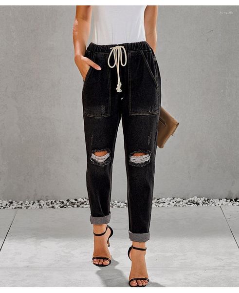 

elastic waist jeans women's loose pocket worn out 9-point large straight pants1, Blue
