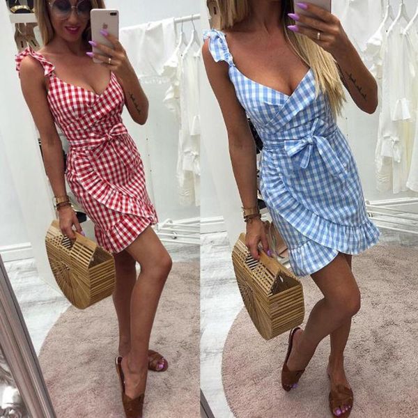 

summer dress women v-neck sleeveless spaghetti strap sundress wrap mini dresses irregular ruffles backless plaid 2020 vestidos1, Black;gray