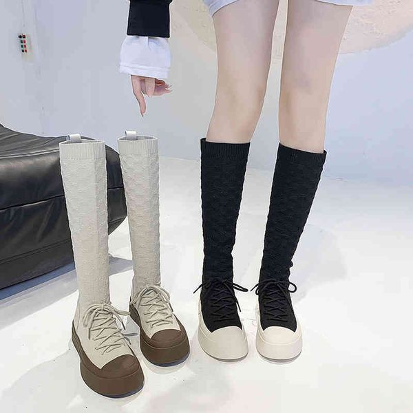 

elastic socks boots women's 2021 autumn winter new slim bai can't go over the knee single boot high tube flat heel thick soled, Black